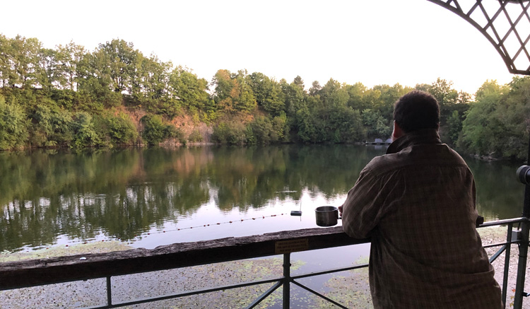 Shaun Harrison enjoying a cup of tea on our first morning at Quarry Bank.